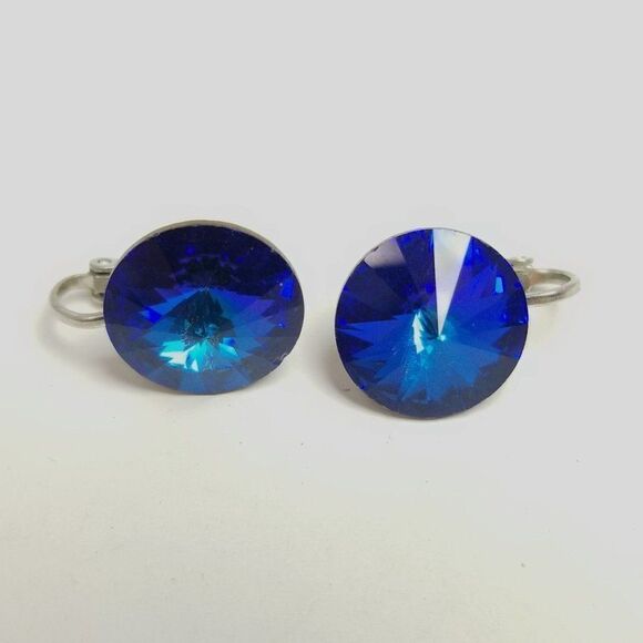 Vintage Blue Rhinestone Clip On Earrings, Sparkly Round Retro, Estate - Picture 5 of 6